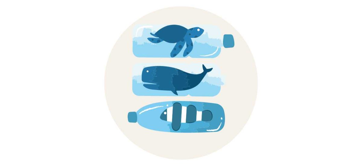Illustration highlighting the issue of plastic pollution in oceans. The image shows three marine animals—a sea turtle, a whale, and a clownfish—trapped inside plastic bottles. This visual metaphor emphasises the impact of plastic waste on marine life and the urgent need to address plastic pollution.