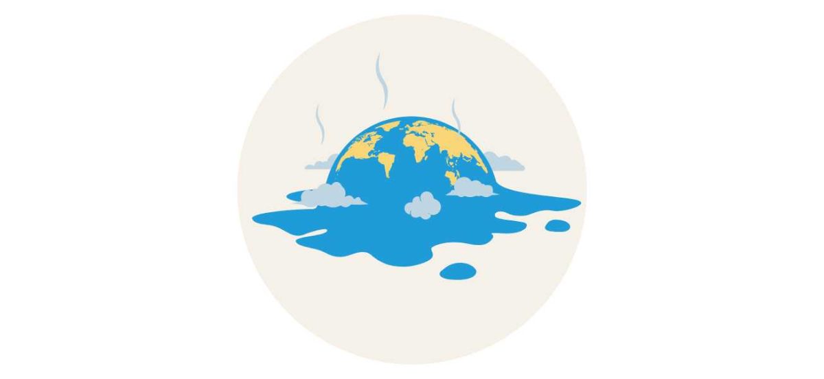Illustration depicting the concept of global warming and climate change. The image shows the Earth partially melted and submerged in water, with steam rising from the surface. The continents are visible on the globe, and clouds are scattered around, emphasizing the warming and melting effects of climate change on the planet.