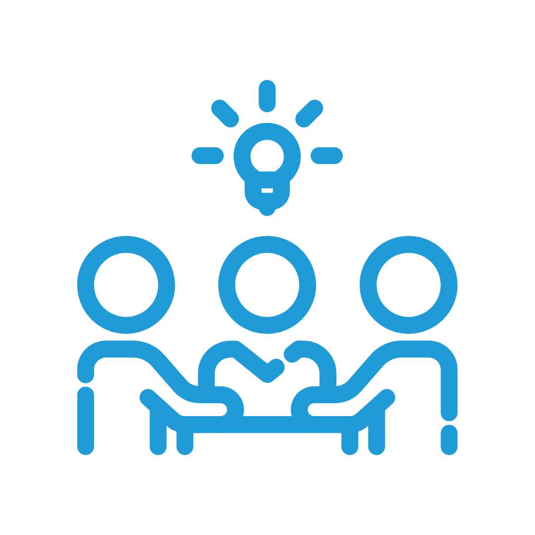 Icon of 3 people sitting around a table with a lightbulb above them