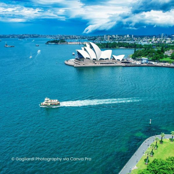 High up shot overlooking Sydney Harbour with the Opera House in sight