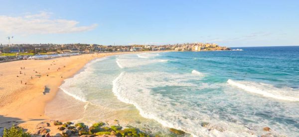 High shot of a beach with orange sand and blue water